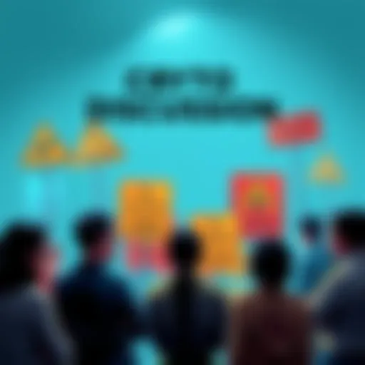 A group of people discussing cryptocurrency with caution signs in the background, emphasizing scams and misinformation.