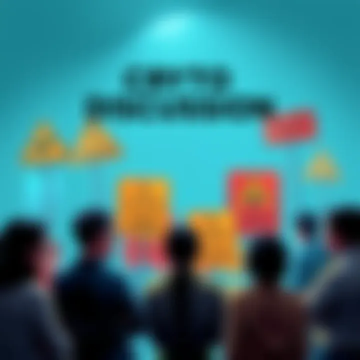 A group of people discussing cryptocurrency with caution signs in the background, emphasizing scams and misinformation.