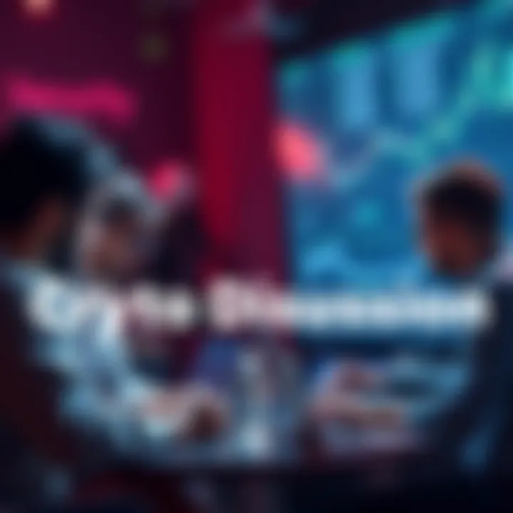 Crypto Discussion on Security Risks A group of people discussing cryptocurrency with laptops and charts, emphasizing security and community rules.