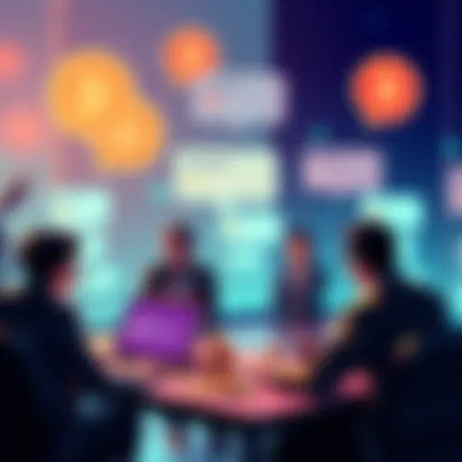 Graphic showing people discussing cryptocurrency online with chat bubbles and coins