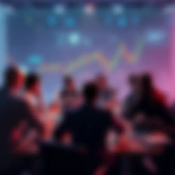A group of people discussing cryptocurrency trading risks around a table, with laptops and charts in view.