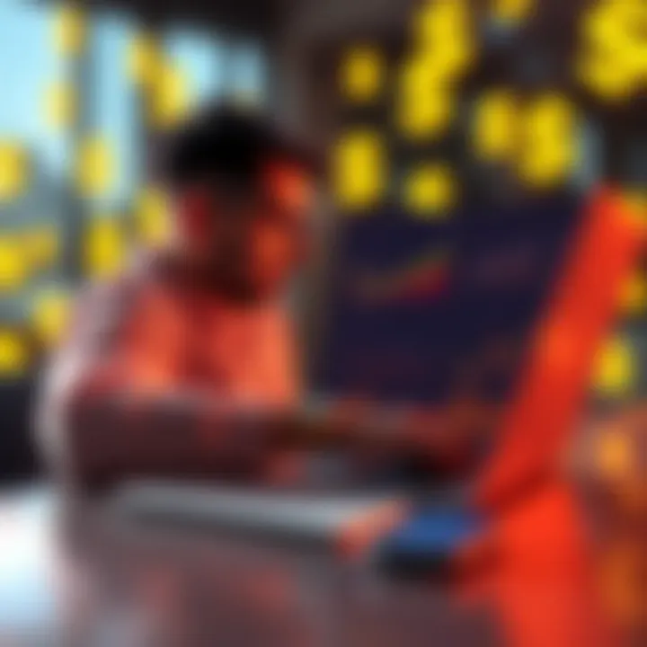 A person analyzing graphs and charts related to cryptocurrency revenue on a laptop, with dollar signs in the background.