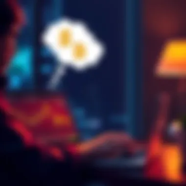 A person looking at cryptocurrency charts on a laptop with a thought bubble showing a dollar sign and a downward arrow, symbolizing the strategy of waiting for lower prices.