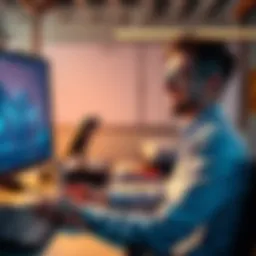 An office worker smiling while looking at a computer screen showing a cryptocurrency chart with a downward trend. The person seems optimistic despite the losses.