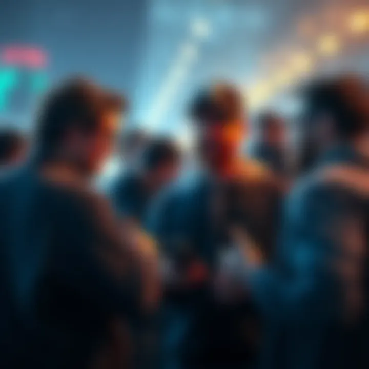 A group of people engaged in a heated discussion about cryptocurrency market trends, illustrating the divide between bag-pumpers and true believers