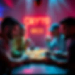 A group of crypto enthusiasts sharing pizza and discussing their experiences with cryptocurrency, illustrating their connection over food and finance.