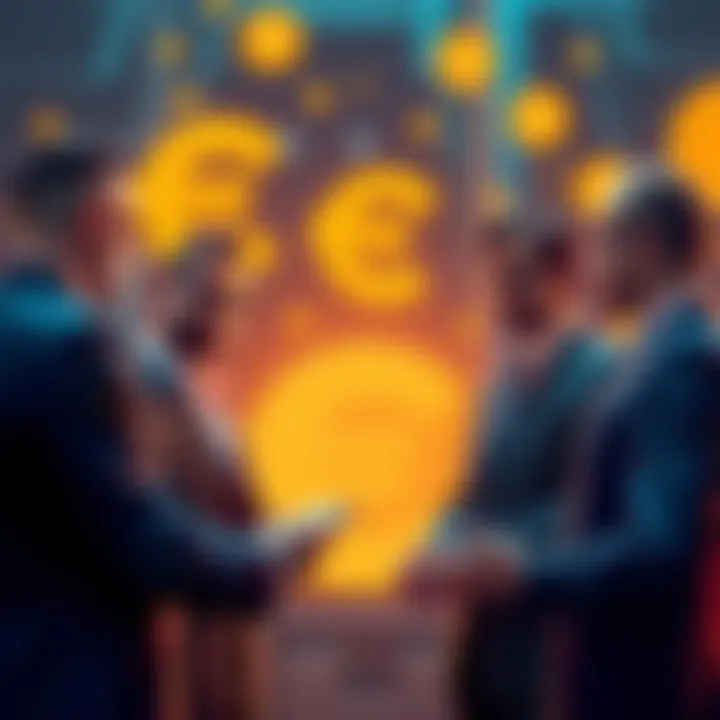 A group of professionals discussing the integration of the Digital Euro into ATMs, with cryptocurrency symbols in the background.