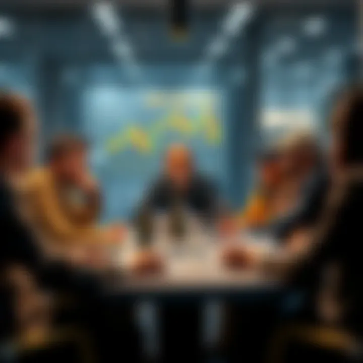 A diverse group of crypto founders brainstorming solutions at a table, focused and engaged in conversation about real-world applications.