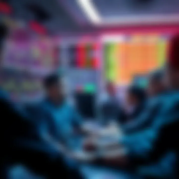 A group of diverse traders analyzing charts on multiple screens focused on crypto futures trading.