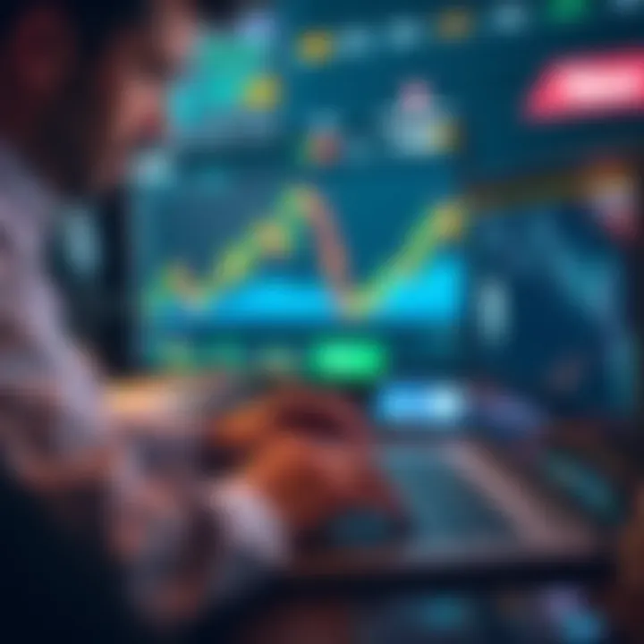 A trader looking at charts on a laptop, with crypto symbols for Bitcoin and Ethereum on screen, representing futures trading in Edmonton.