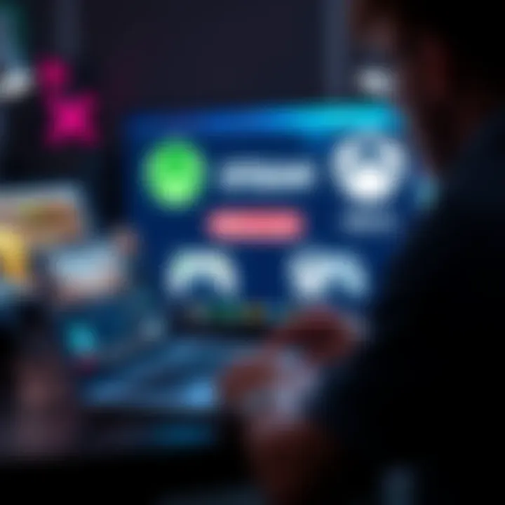 A person using a laptop to access various gaming platforms with cryptocurrency, featuring logos of Steam, Nintendo, and Xbox on the screen.