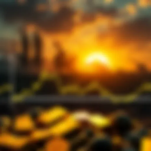 A graph showing the drop in cryptocurrency and gold prices against a backdrop of war imagery, like missiles and conflict zones.