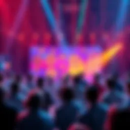 A vibrant scene celebrating 10 years of cryptocurrency innovation with people gathered around a digital display showcasing crypto symbols and bright colors.
