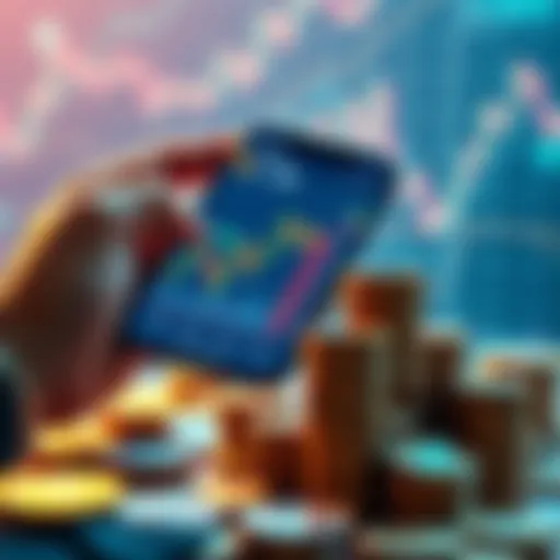 A person holding a smartphone displaying cryptocurrency graphs, with stacks of coins in the foreground, symbolizing investment and the hodl mindset.