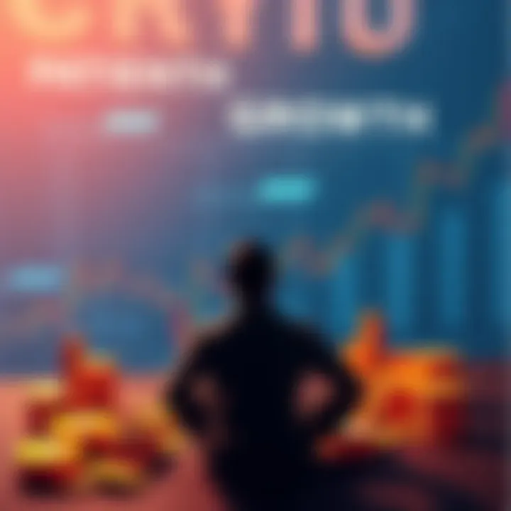 A person sitting calmly with graphs and coins around, representing patience in crypto investments.