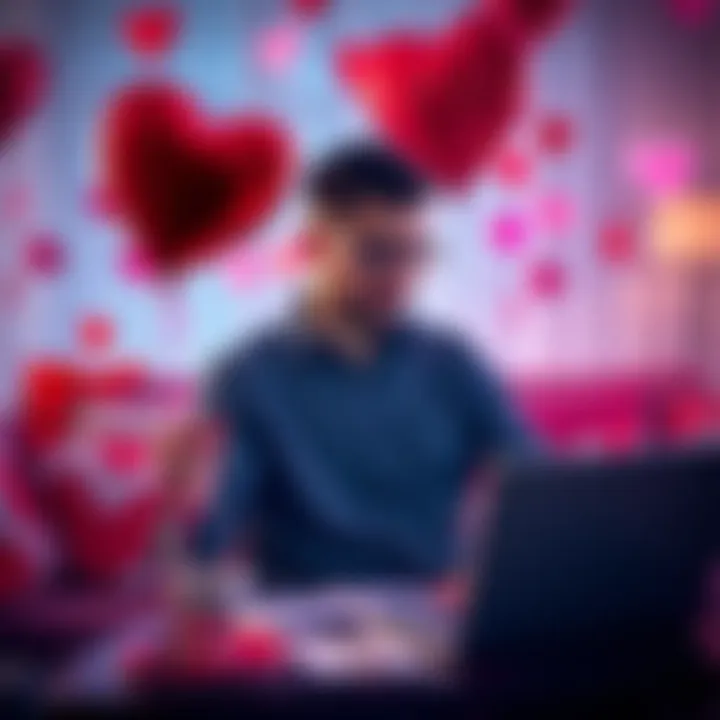 A crypto enthusiast holding a heart-shaped balloon while looking at digital currency charts on a laptop, surrounded by Valentine's Day decorations.