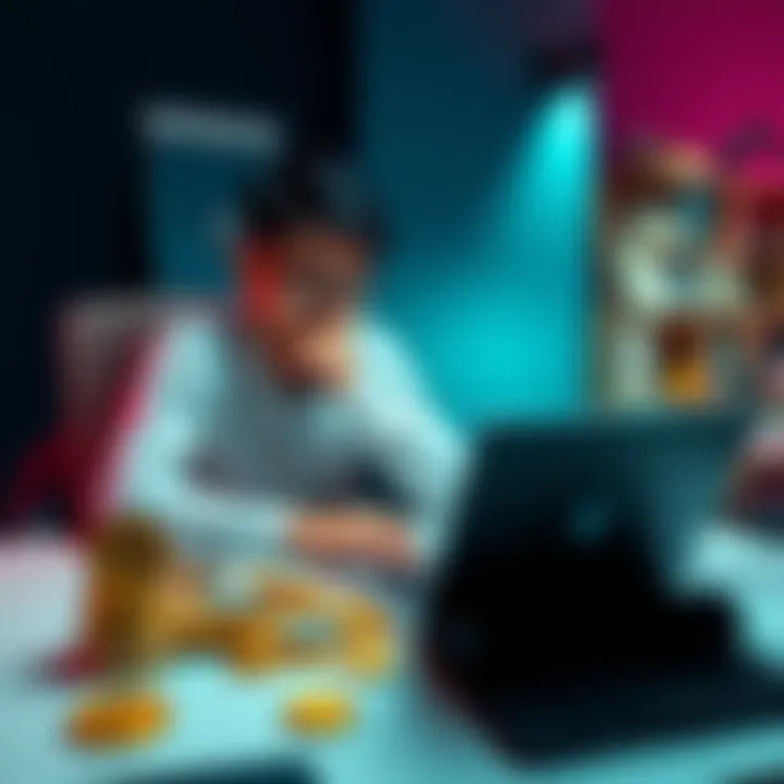 A person sitting at a desk with various cryptocurrency coins and a laptop, looking thoughtfully at their assets instead of spending them