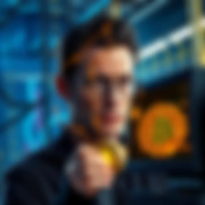 A person looking concerned while observing a quantum computer and cryptocurrency symbols, showing tension about investment security.