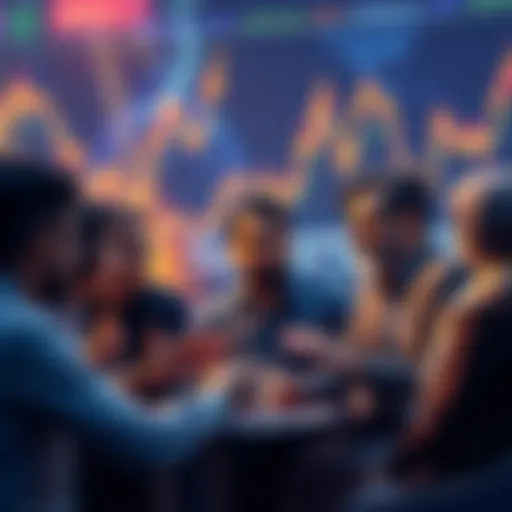 Group of diverse people discussing cryptocurrency strategies with charts and graphs in the background