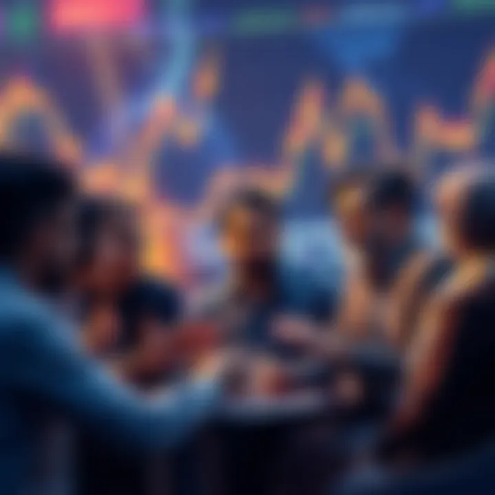 Group of diverse people discussing cryptocurrency strategies with charts and graphs in the background