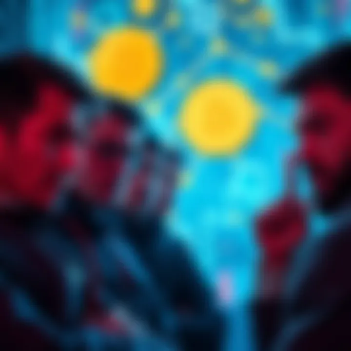 A group of crypto holders looking anxious while examining digital currency symbols and quantum computing imagery in the background