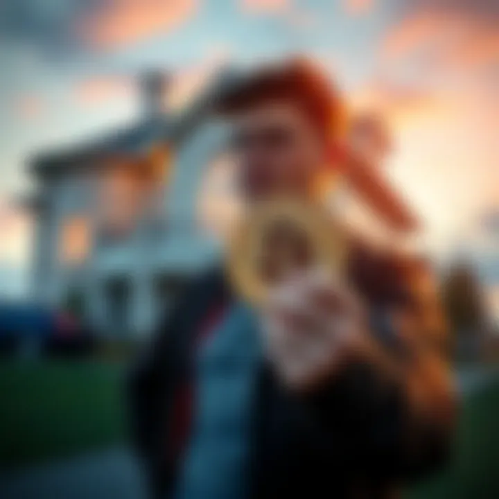 A person holding Bitcoin and looking at a house in the background