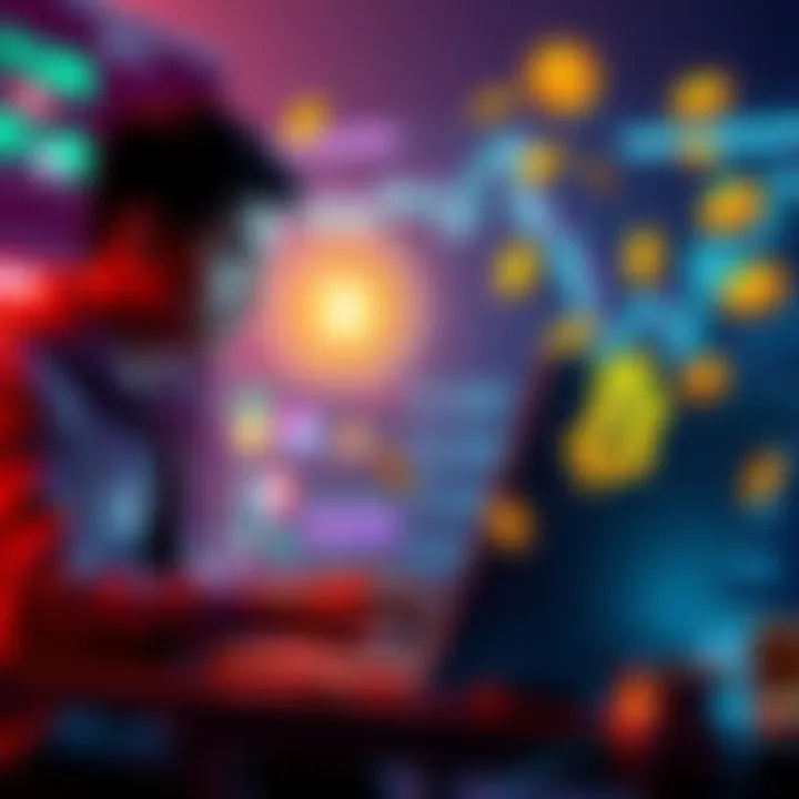 A person working on a laptop with cryptocurrency symbols around, illustrating the choice of crypto as a main job or side gig.