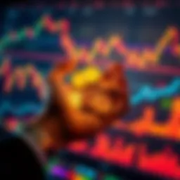 A person holding digital coins with a backdrop of rising prices and financial graphs, symbolizing the use of crypto against inflation