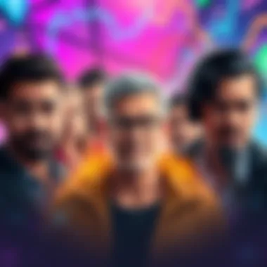 A graphic showing various crypto influencers, some with positive expressions and others with negative expressions, against a colorful background symbolizing the crypto market.