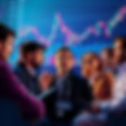 A group of crypto influencers discussing Trump's impact on the cryptocurrency market with graphs and charts in the background showing fluctuations in values.