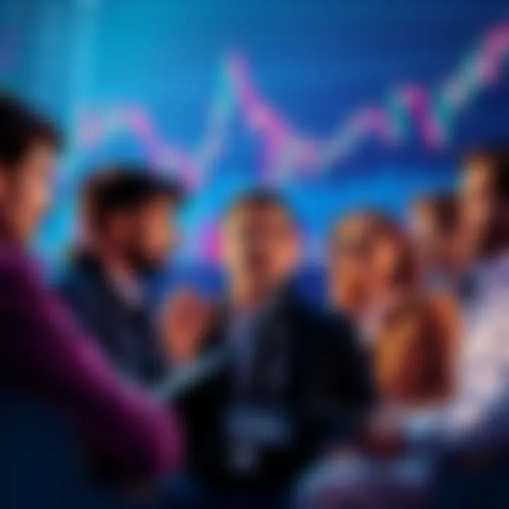 A group of crypto influencers discussing Trump's impact on the cryptocurrency market with graphs and charts in the background showing fluctuations in values.