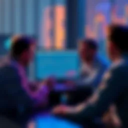 A group of people discussing cryptocurrency investment strategies with charts and graphs on a laptop screen.