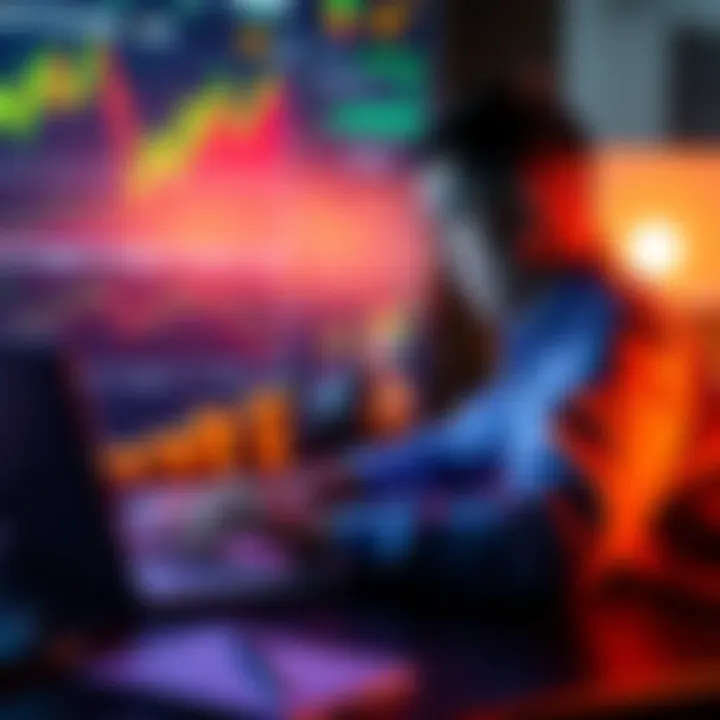 A person analyzing crypto assets on a laptop with graphs and charts in the background