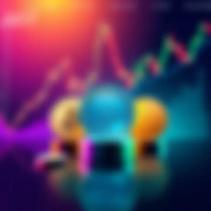 Crypto Investment Challenge Illustration A vibrant graphic showing three different cryptocurrencies symbolizing the investment choices in the Crypto Investment Challenge, with a background of a chart illustrating market trends.
