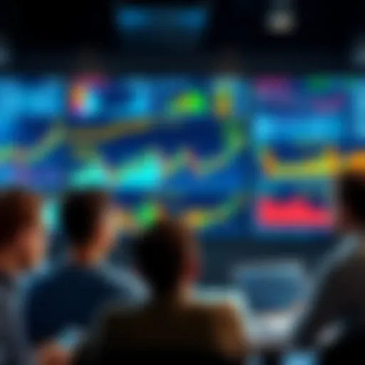 A group of people discussing strategies for investing in cryptocurrency, with charts and graphs displayed on a screen behind them.