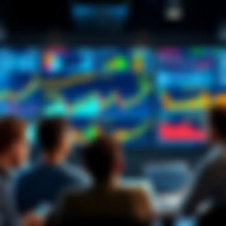 A group of people discussing strategies for investing in cryptocurrency, with charts and graphs displayed on a screen behind them.