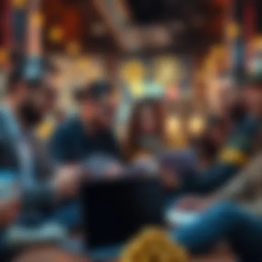 A group of friends discussing cryptocurrency investment strategies with laptops and notes