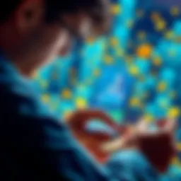 Crypto Investment Guide A beginner looking at a smartphone with cryptocurrency charts and graphs on the screen, surrounded by digital coins.