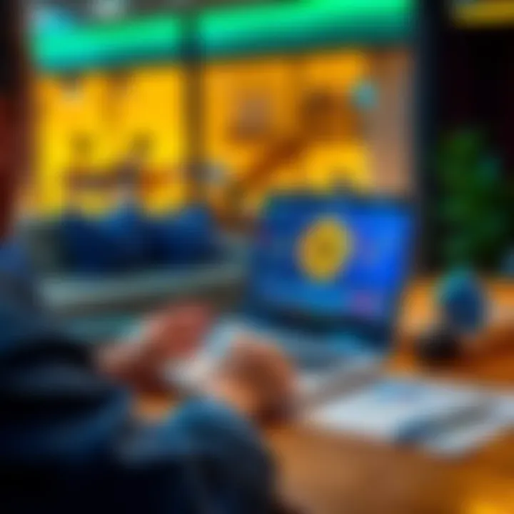 An individual looks at a Bitcoin chart on a laptop, with a home loan document on the table, balancing investment and real estate goals