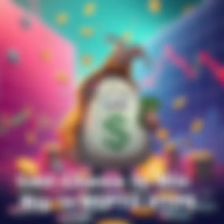 A cartoon character holding a large bag of money with a confused expression, surrounded by fluctuating cryptocurrency charts and coins, symbolizing the ups and downs of the market.