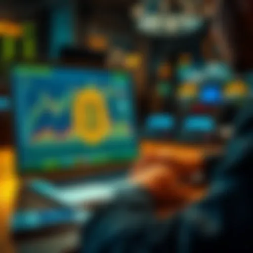 A person looking at a chart displaying Bitcoin trends and different investment options, with a laptop and sports betting ticket on the table.