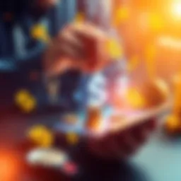 A person setting up a digital wallet to manage cryptocurrency keys, with dollar signs and coins around them.