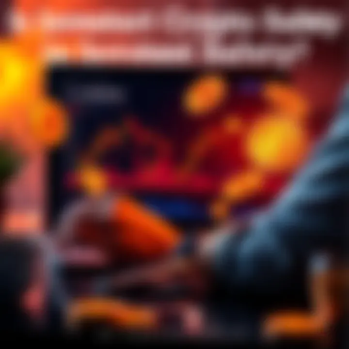 A person analyzing cryptocurrency graphs on a laptop with digital coins around them, representing investment risks and rewards.