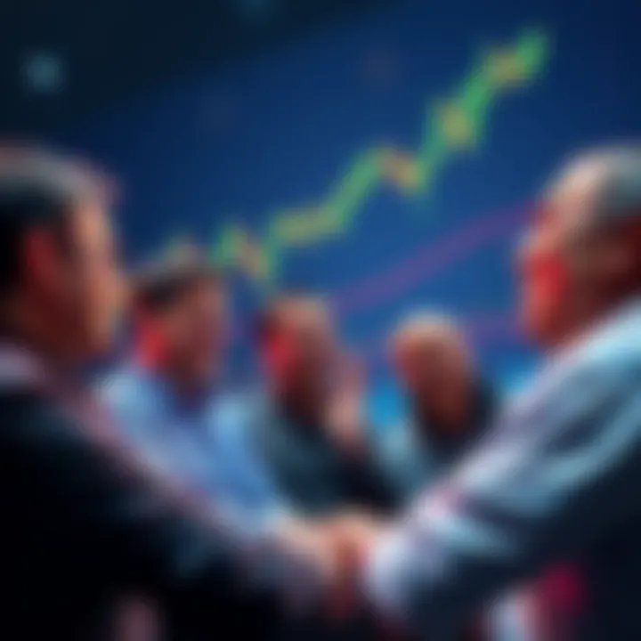 A group of people discussing investment strategies with cryptocurrency charts in the background, showing excitement and interest in Inverse Cramer.