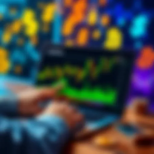 A person analyzing cryptocurrency charts on a laptop, considering daily versus weekly investments, with dollar signs and crypto icons in the background.