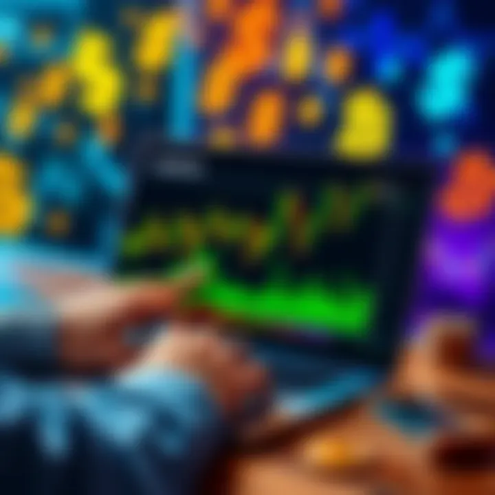 A person analyzing cryptocurrency charts on a laptop, considering daily versus weekly investments, with dollar signs and crypto icons in the background.