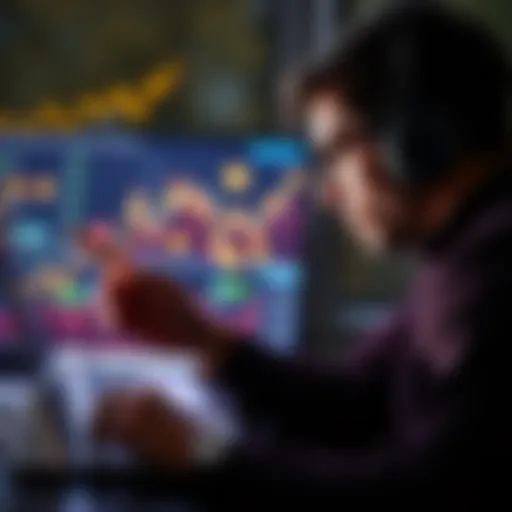 A person studying graphs and digital currency symbols on a laptop, contemplating investment choices in cryptocurrency.