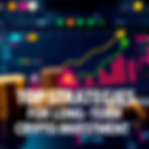 A graphic showing different cryptocurrencies with upward trend graphs, representing long-term investment strategies.