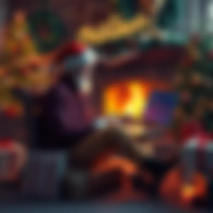 A person sitting by a cozy fireplace, writing a letter to Santa, with a cryptocurrency chart on a laptop showing a downturn. They appear hopeful yet worried, surrounded by holiday decorations and a Christmas tree.