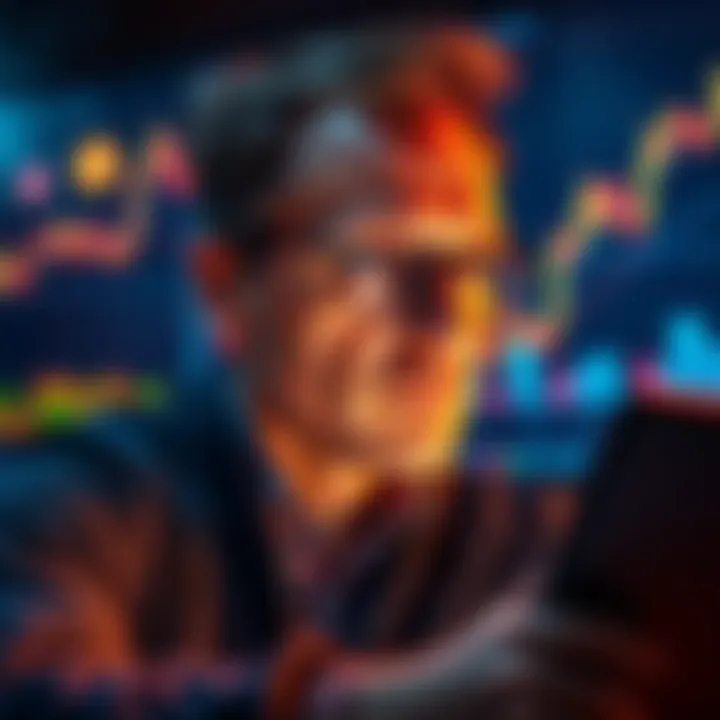 A person analyzing loan options for boosting cryptocurrency holdings, with charts and digital currency images in the background.